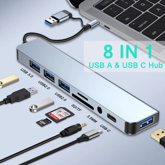 TYPE-C Hub USB3.0 Hub 8 in 2 USB Extender with SD/TF Card Reader& 3.5mm Audio Jack for MacBook/PC/Laptop/Tablet Devices Splitter